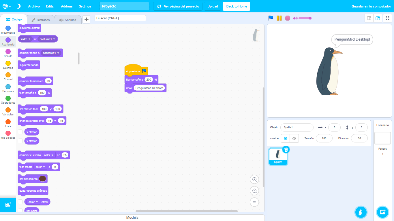 PenguinMod Desktop screenshot showing the editor